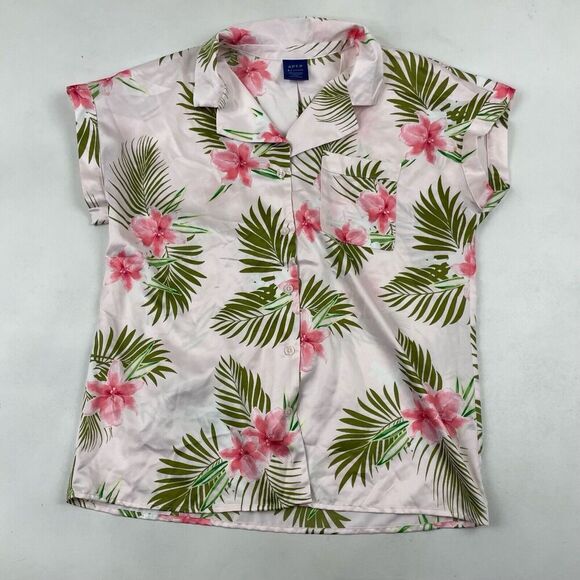 Apt.9 Intimates Sz S Pink Satin Button Up Pajama Shirt Tropical Floral Collared - Picture 3 of 5